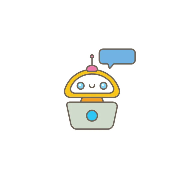 Lindo personaje chatbot o asistente inteligente con burbuja de habla aislada sobre fondo blanco. Vector Funny robot assistant, chatter bot, helper chatbot logo or label — Vector de stock