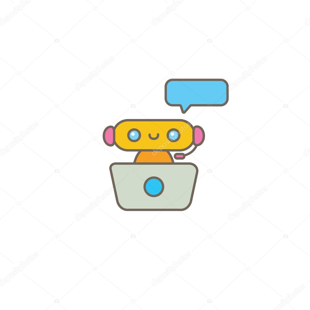 Cute chatbot character with notebook or intelligent assistant with speech bubble isolated on white background. Vector Funny robot assistant, chatter bot, helper chatbot logo or label
