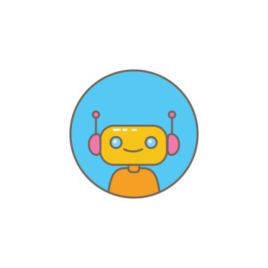 Beyaz arka planda izole konuşma balonu ile sevimli chatbot karakter veya akıllı asistan. Vektör komik robot asistanı, sohbet bot, yardımcı chatbot logosu veya etiket