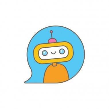 Beyaz arka planda izole konuşma balonu ile sevimli chatbot karakter veya akıllı asistan. Vektör komik robot asistanı, sohbet bot, yardımcı chatbot logosu veya etiket
