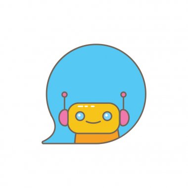 Beyaz arka planda izole konuşma balonu ile sevimli chatbot karakter veya akıllı asistan. Vektör komik robot asistanı, sohbet bot, yardımcı chatbot logosu veya etiket