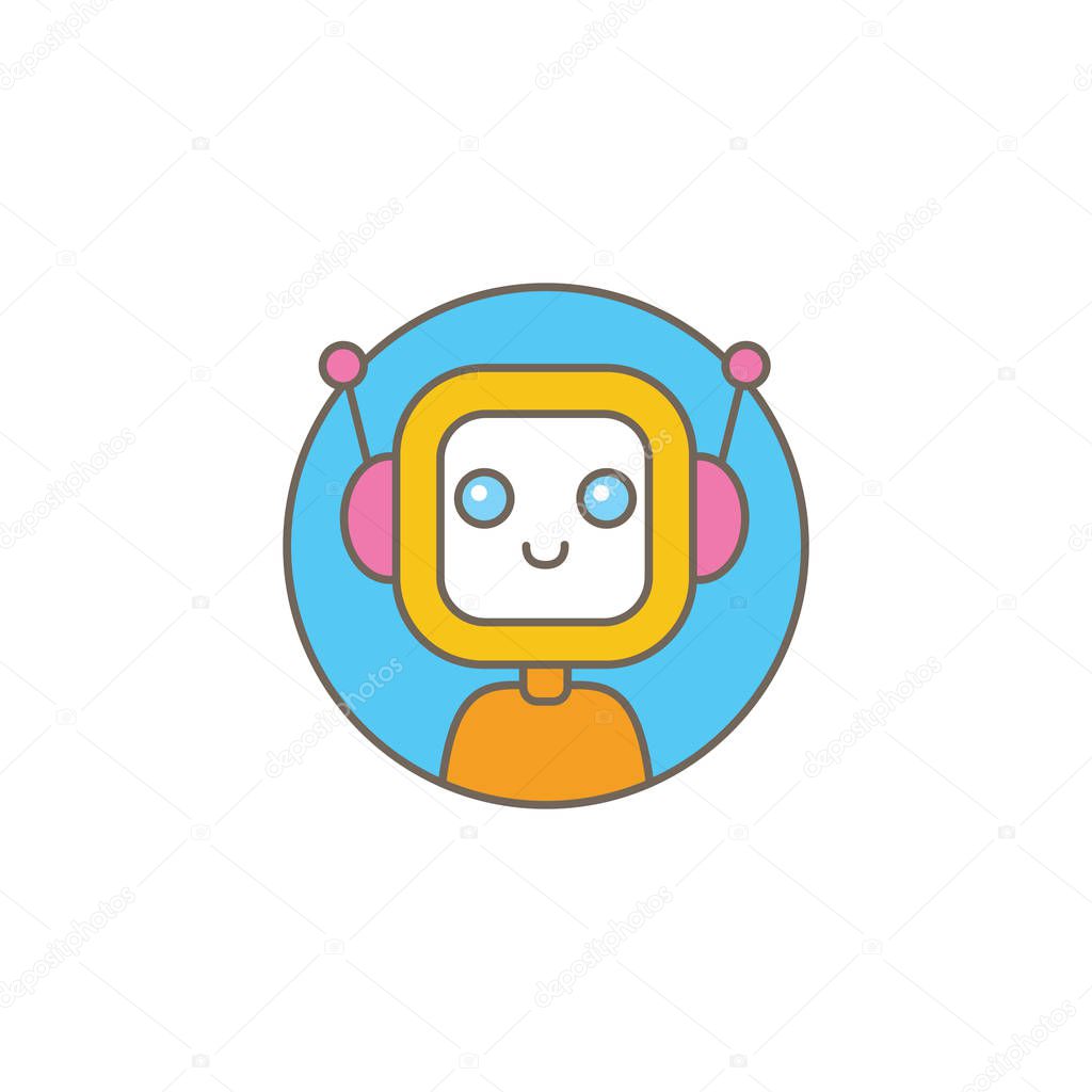 cute chatbot character or intelligent assistant with speech bubble isolated on white background. Vector Funny robot assistant, chatter bot, helper chatbot logo or label