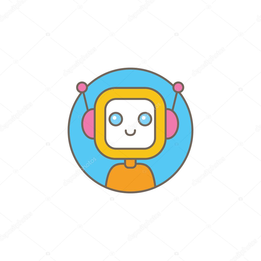 Cute chatbot character with speech bubble isolated on white background. Vector Funny robot assistant, chatter bot, helper chatbot logo or label