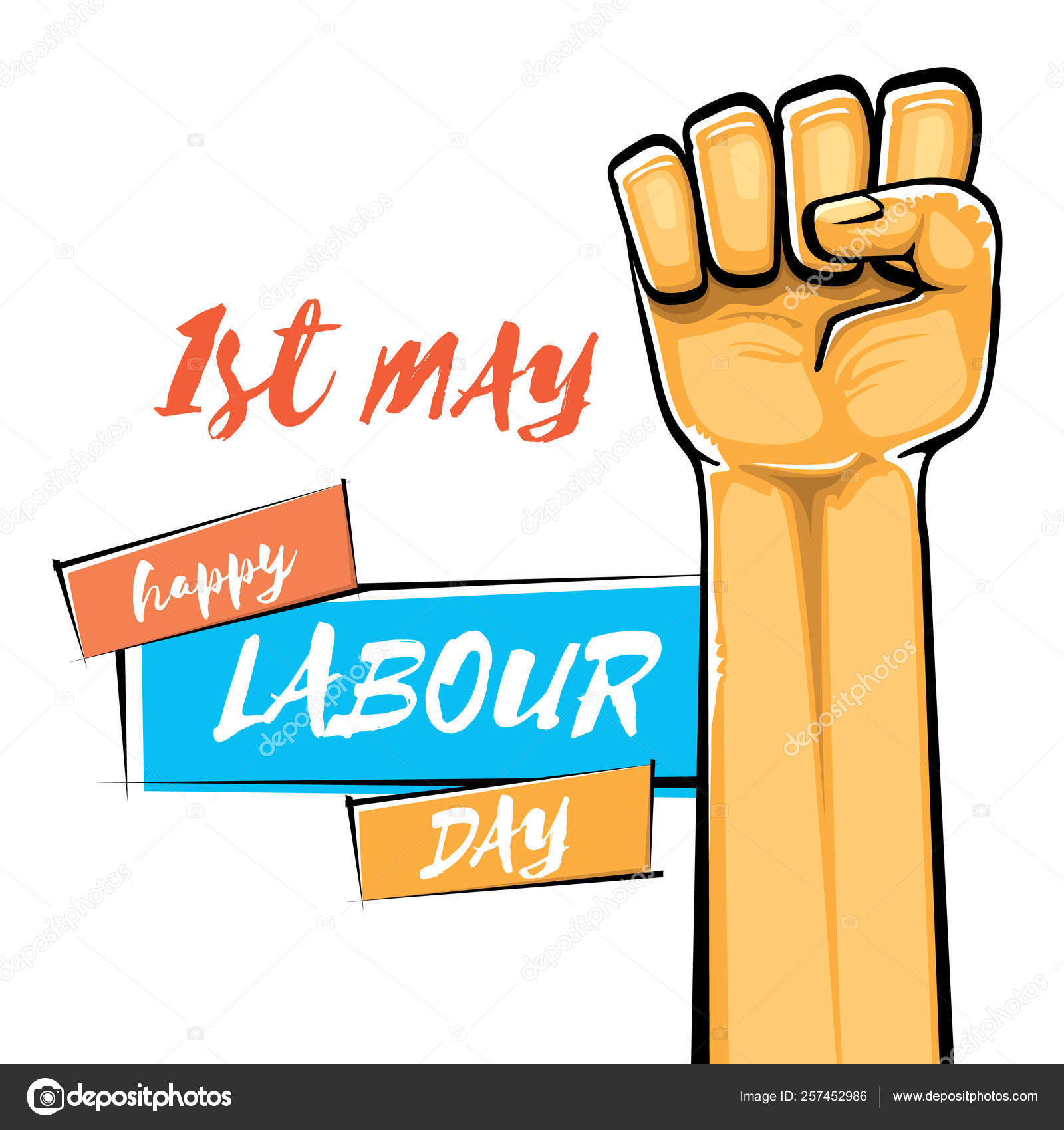 Happy Labour Day Vector Label With Strong Orange Fist Isolated On White Background Vector Happy Labor Day Background With Man Hand Red Workers May Day Poster Vector Image By C Zm1ter