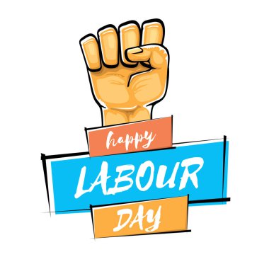 Beyaz arka planda izole güçlü turuncu yumruk ile mutlu işgücü gün vektör etiketi. adam el ile vektör mutlu işgücü gün arka plan. Kırmızı işçiler gün poster olabilir