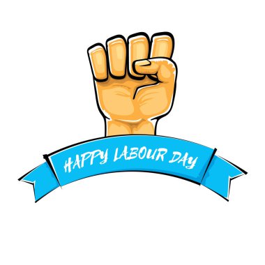 Beyaz arka planda izole güçlü turuncu yumruk ile mutlu işgücü gün vektör etiketi. adam el ile vektör mutlu işgücü gün arka plan. Kırmızı işçiler gün poster olabilir