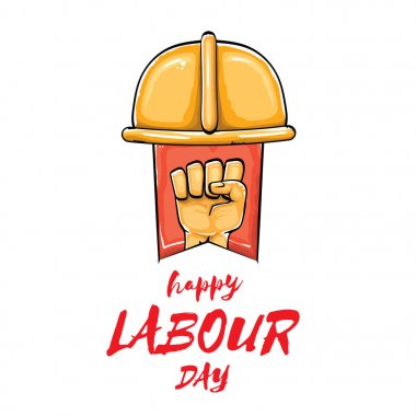 Beyaz arka planda izole güçlü turuncu yumruk ile mutlu işgücü gün vektör etiketi. adam el ile vektör mutlu işgücü gün arka plan. Kırmızı işçiler gün poster olabilir