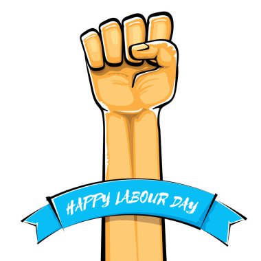 Beyaz arka planda izole güçlü turuncu yumruk ile mutlu işgücü gün vektör etiketi. adam el ile vektör mutlu işgücü gün arka plan. Kırmızı işçiler gün poster olabilir