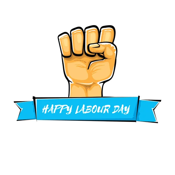 Happy Labour dag vector label met sterke oranje vuist geïsoleerd op witte achtergrond. vector Happy Labor dag achtergrond met man hand. rode werknemers mei dag poster — Stockvector