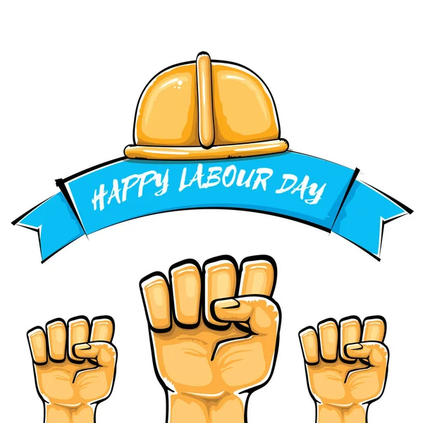 Happy Labor Day Vektor-Etikett mit kräftiger orangefarbener Faust auf weißem Hintergrund. Vektor glücklichen Arbeitstag Hintergrund mit Mann Hand. Rote Arbeiter dürfen plakatieren — Stockvektor