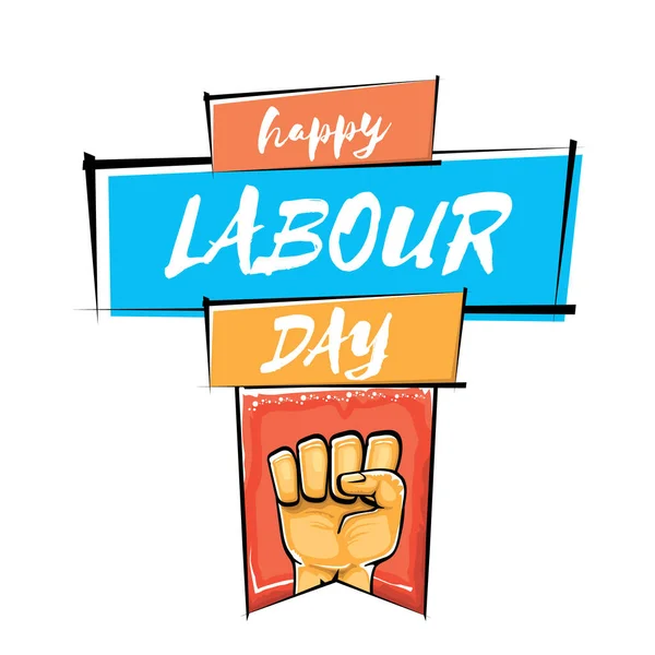 Happy Labour dag vector label met sterke oranje vuist geïsoleerd op witte achtergrond. vector Happy Labor dag achtergrond met man hand. rode werknemers mei dag poster — Stockvector