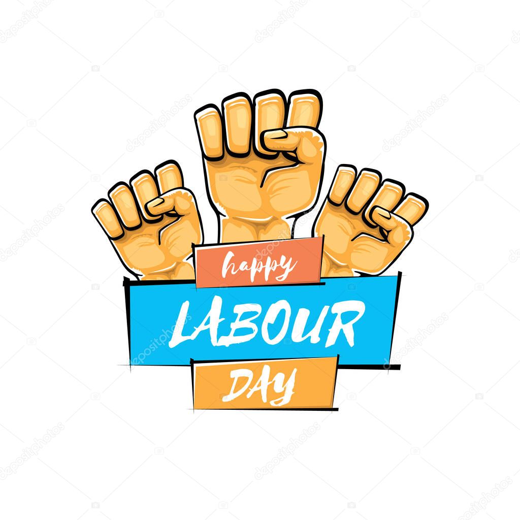 Happy labour day vector label with strong orange fist isolated on white background. vector happy labor day background with man hand. red workers may day poster