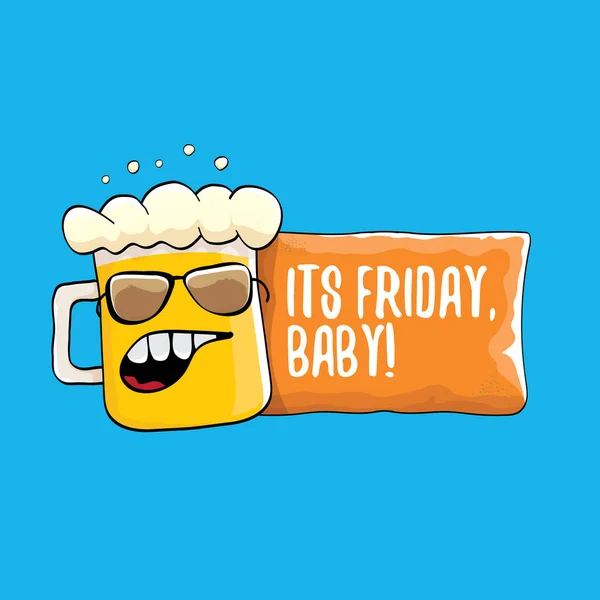Its friday baby vector concept illustration with funky beer character isolated on blue background. happy friday vector background — Stock Vector
