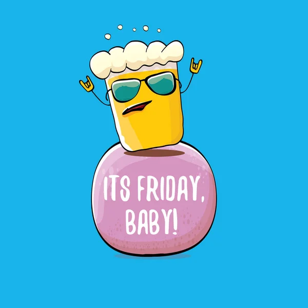 Its friday baby vector concept illustration with funky beer character isolated on blue background. happy friday vector background — Stock Vector