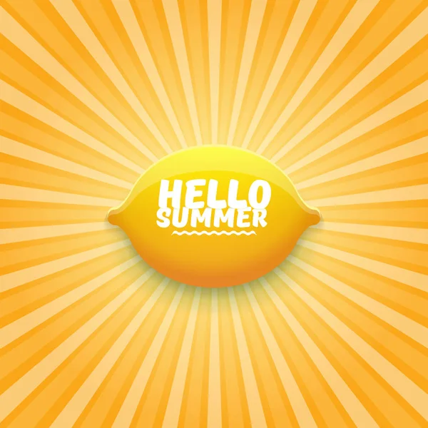 Vector Hello Summer Beach Party flyer ontwerpsjabloon met verse citroen op oranje hemel met stralen van lichte achtergrond. Hello Summer concept label of poster met oranje vrucht en typografische tekst. — Stockvector