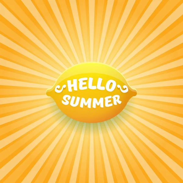 Vector Hello Summer Beach Party Flyer Plantilla de diseño con limón fresco en el cielo naranja con rayos de fondo claro. Hola etiqueta concepto de verano o cartel con fruta naranja y texto tipográfico . — Vector de stock