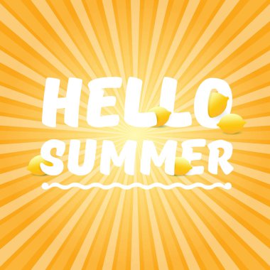 Vektör Hello Summer Beach Party Flyer Tasarım hafif arka plan ışınları ile turuncu gökyüzünde taze limon ile şablon. Merhaba yaz konsept etiketi veya turuncu meyve ve tipografik metin ile poster.
