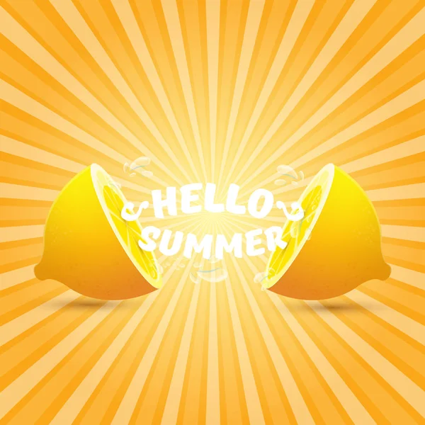 Vector Hello Summer Beach Party Flyer Design template with fresh lemon on orange sky with rays of light background. Hello summer concept label or poster with orange fruit and typographic text. — Stock Vector