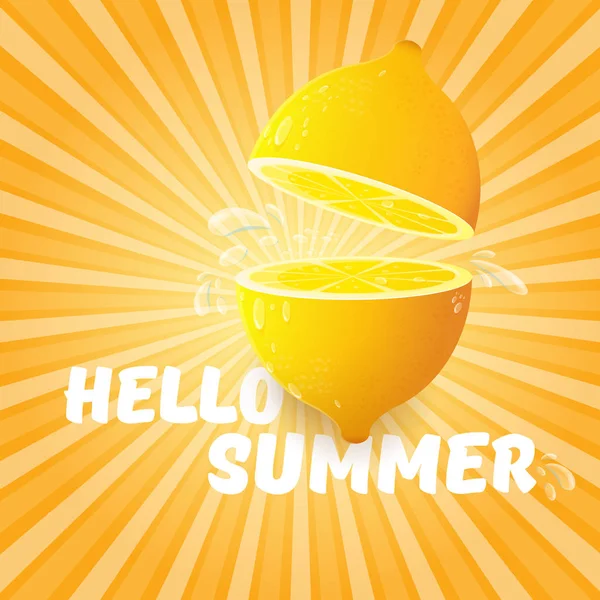 Vector Hello Summer Beach Party flyer ontwerpsjabloon met verse citroen op oranje hemel met stralen van lichte achtergrond. Hello Summer concept label of poster met oranje vrucht en typografische tekst. — Stockvector