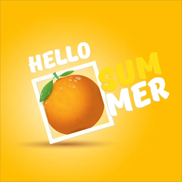 Vector Hello Summer label or flyer Plantilla de diseño con fruta naranja fresca aislada sobre fondo naranja. Hola etiqueta concepto de verano o cartel con texto de frutas y letras — Vector de stock
