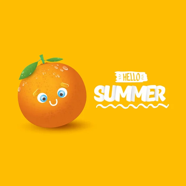 Vector Hello zomer label of flyer ontwerpsjabloon met vers oranje fruit geïsoleerd op oranje achtergrond. Hallo zomer concept label of poster met fruit en letternig tekst — Stockvector