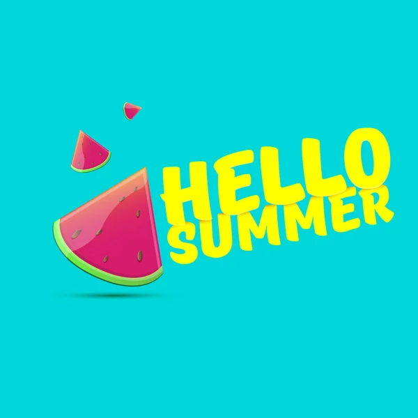 Διάνυσμα Hello καλοκαίρι παραλία πάρτι Φέιγ βολάν σχέδιο με φρέσκια φέτα καρπούζι που απομονώνεται σε φόντο από μπλε. Γεια σας καλοκαιρινή ιδέα ετικέτα ή αφίσα με φρούτα και τυπογραφικό κείμενο. — Διανυσματικό Αρχείο