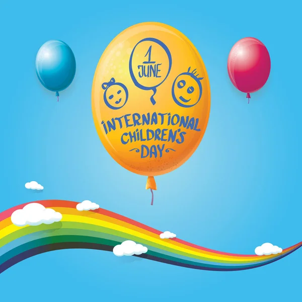 1 Ιουνίου Διεθνές Παιδικό φόντο. καλή ευχετήρια κάρτα παιδικής ημέρας με μπαλόνια, ουρανό, ουράνιο τόξο και σύννεφα. αφίσα ημέρας για παιδιά — Διανυσματικό Αρχείο