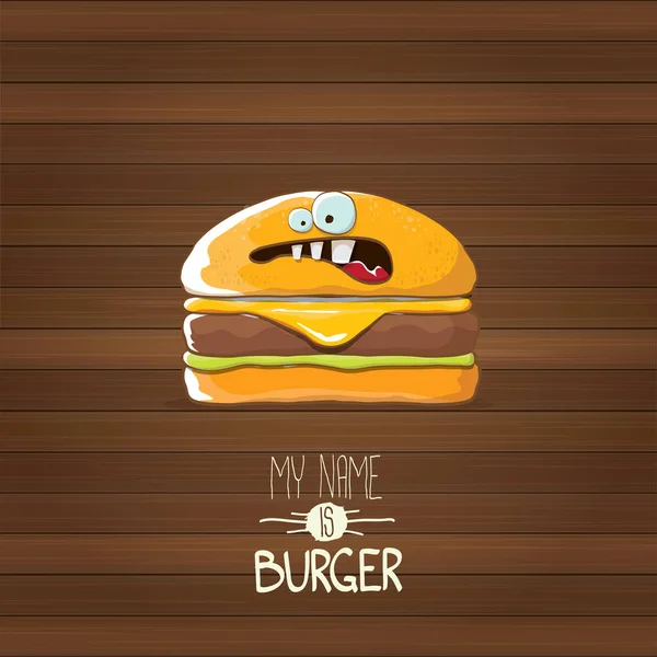 Vector cartoon Tiny burger karakter met kaas, vlees en salade icoon geïsoleerd op houten achtergrond. mijn naam is burger vector concept illustratie — Stockvector