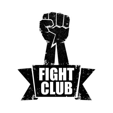 Beyaz arka planda izole grunge siyah adam yumruk ile kulüp vektör logosu veya etiket mücadele. MMA karışık dövüş sanatları kavramı tasarım şablonu. Tee üzerinde baskı için dövüş kulübü etiketi