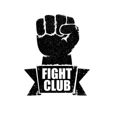 Beyaz arka planda izole grunge siyah adam yumruk ile kulüp vektör logosu veya etiket mücadele. MMA karışık dövüş sanatları kavramı tasarım şablonu. Tee üzerinde baskı için dövüş kulübü etiketi