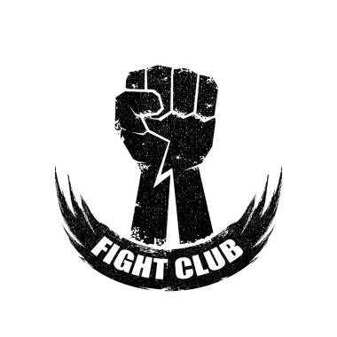 Beyaz arka planda izole grunge siyah adam yumruk ile kulüp vektör logosu veya etiket mücadele. MMA karışık dövüş sanatları kavramı tasarım şablonu. Tee üzerinde baskı için dövüş kulübü etiketi