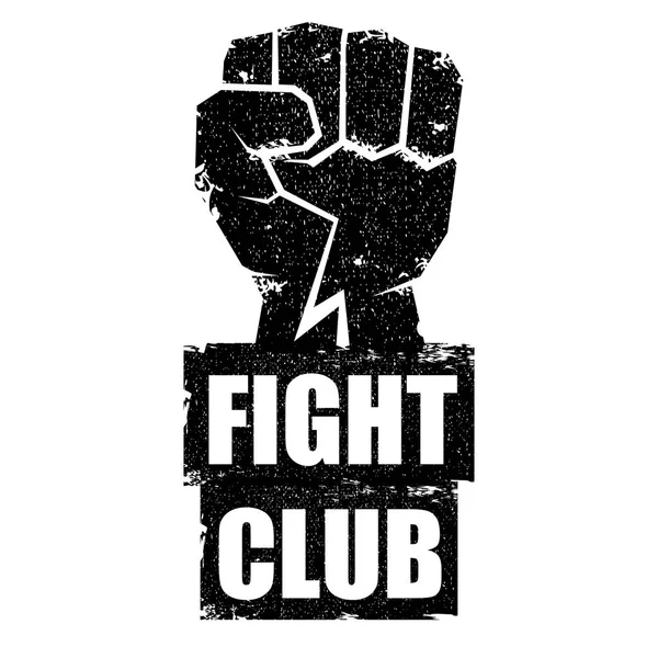 Fight Club vector logo of label met grunge zwarte man vuist geïsoleerd op witte achtergrond. MMA Mixed Martial Arts concept ontwerpsjabloon. Fighting Club label voor print op Tee — Stockvector