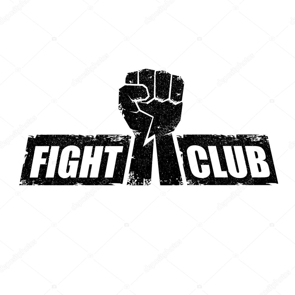 fight club vector logo or label with grunge black man fist isolated on white background. MMA Mixed martial arts concept design template. Fighting club label for print on tee