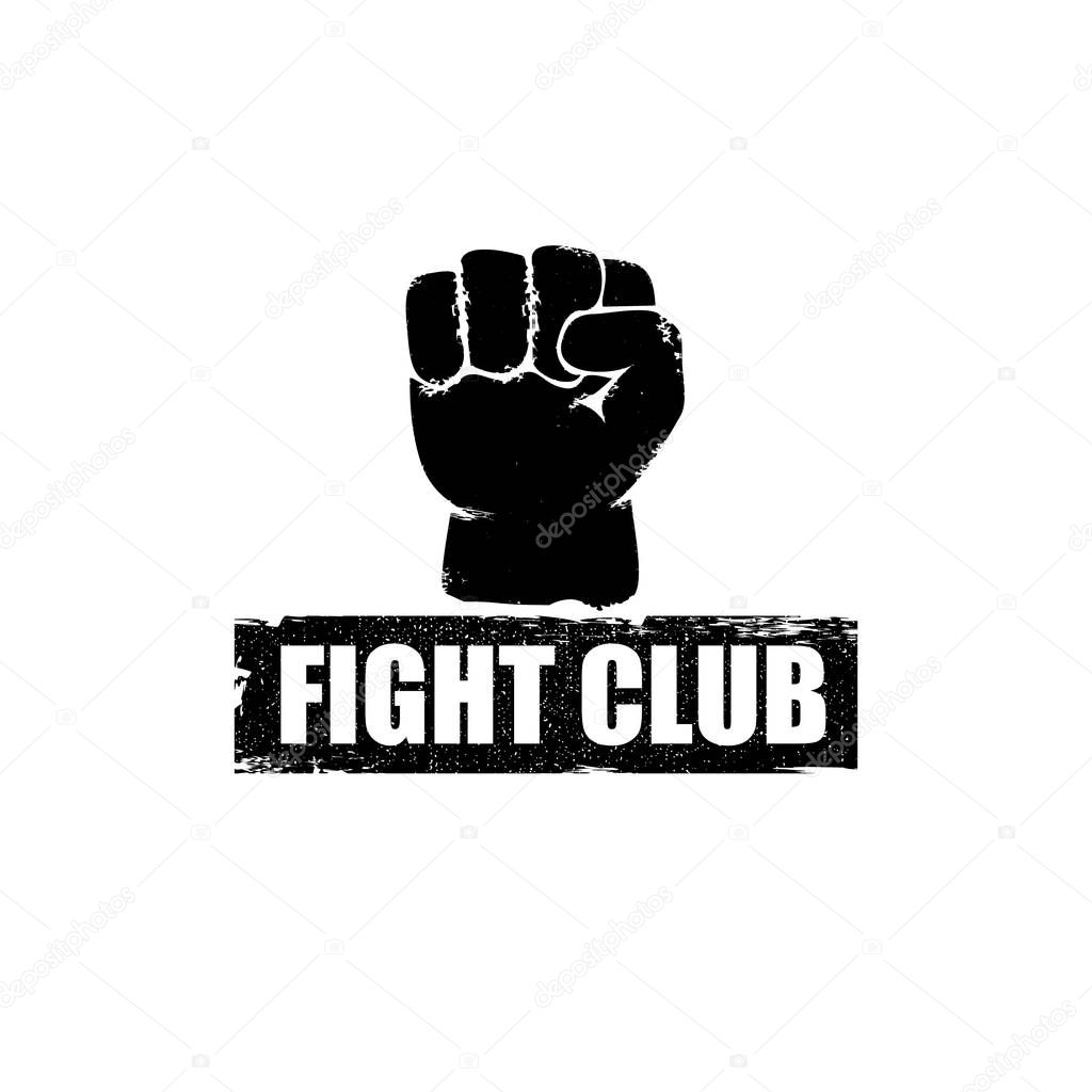 Fight club vector logo with grunge black man fist isolated on white background. MMA Mixed martial arts concept design template. Fighting club label for print on tee
