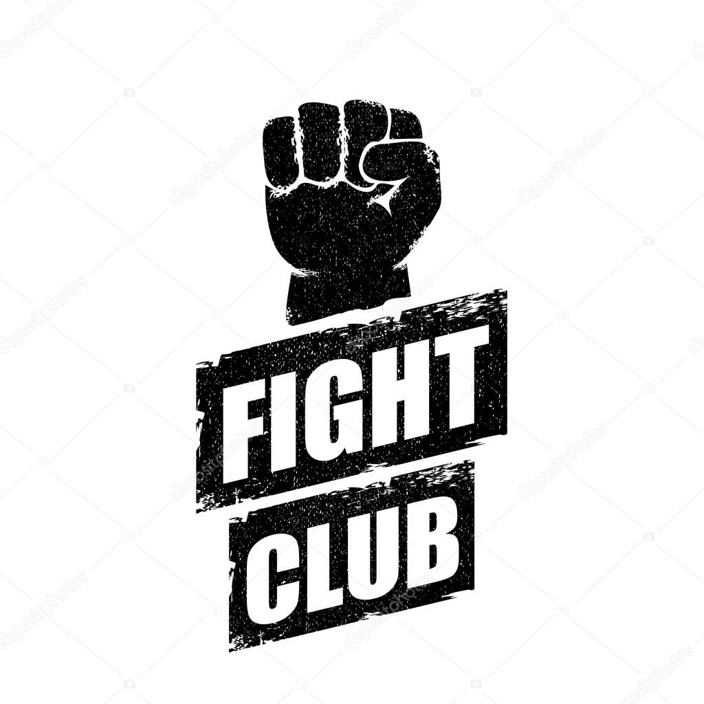 fight club vector logo or label with grunge black man fist isolated on white background. MMA Mixed martial arts concept design template. Fighting club label for print on tee