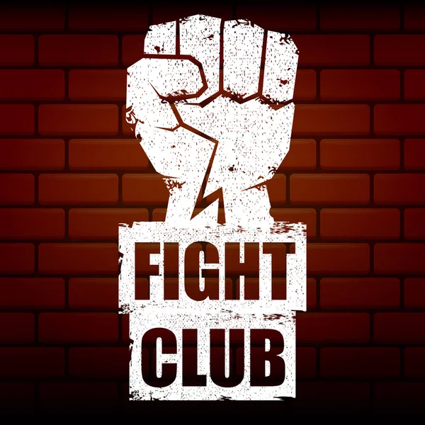 fight club vector logo or label with grunge black man fist isolated on brick wall background. MMA Mixed martial arts concept design template. Fighting club label for print on tee