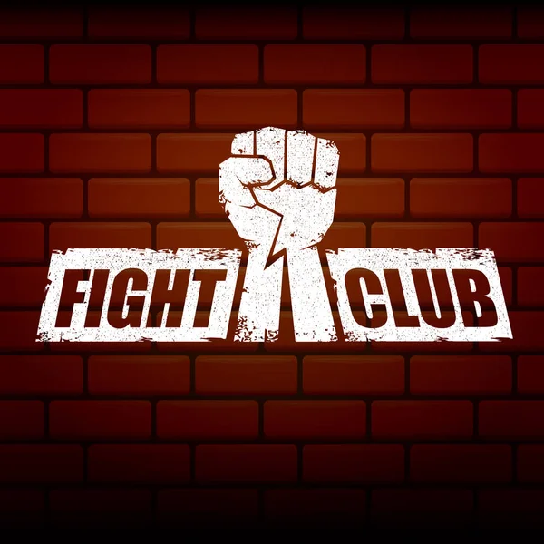 fight club vector logo or label with grunge black man fist isolated on brick wall background. MMA Mixed martial arts concept design template. Fighting club label for print on tee