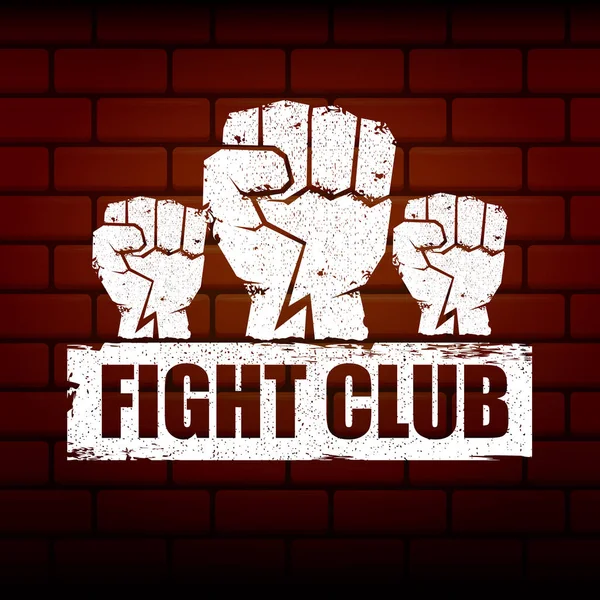 Fight Club vector logo of label met grunge zwarte man vuist geïsoleerd op bakstenen muur achtergrond. MMA Mixed Martial Arts concept ontwerpsjabloon. Fighting Club label voor print op Tee — Stockvector