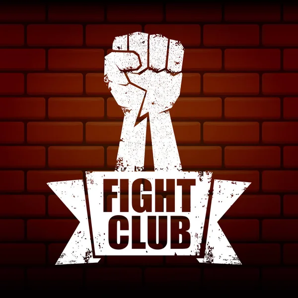 Kampf Club Vektor Logo oder Etikett mit Grunge Black Man Faust isoliert auf Backsteinwand Hintergrund. mma Mixed Martial Arts Konzeptvorlage. Schlägeraufkleber für Druck auf Abschlag — Stockvektor