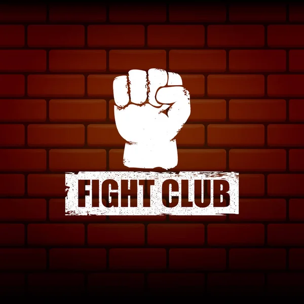 fight club vector logo or label with grunge black man fist isolated on brick wall background. MMA Mixed martial arts concept design template. Fighting club label for print on tee