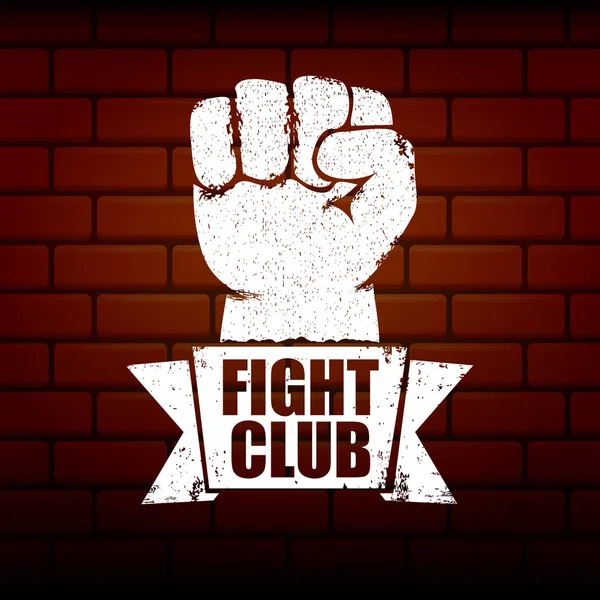 Fight Club vector logo of label met grunge zwarte man vuist geïsoleerd op bakstenen muur achtergrond. MMA Mixed Martial Arts concept ontwerpsjabloon. Fighting Club label voor print op Tee — Stockvector