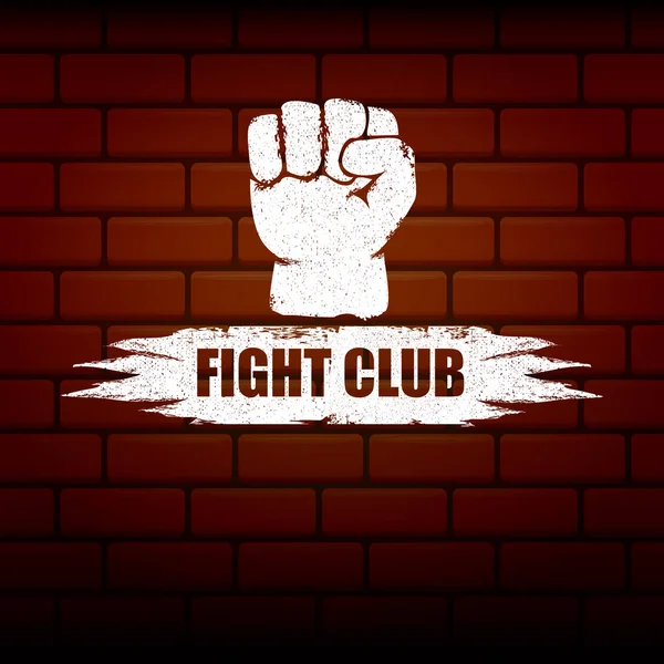 fight club vector logo or label with grunge black man fist isolated on brick wall background. MMA Mixed martial arts concept design template. Fighting club label for print on tee
