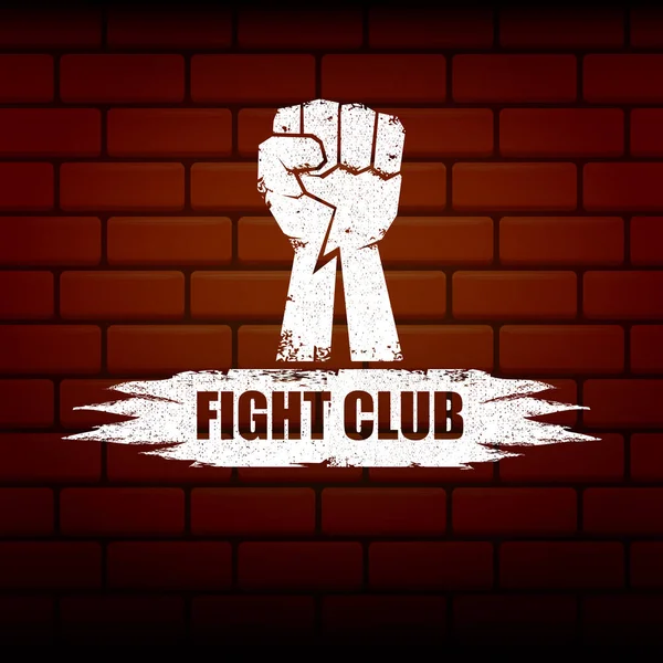 Kampf Club Vektor Logo oder Etikett mit Grunge Black Man Faust isoliert auf Backsteinwand Hintergrund. mma Mixed Martial Arts Konzeptvorlage. Schlägeraufkleber für Druck auf Abschlag — Stockvektor