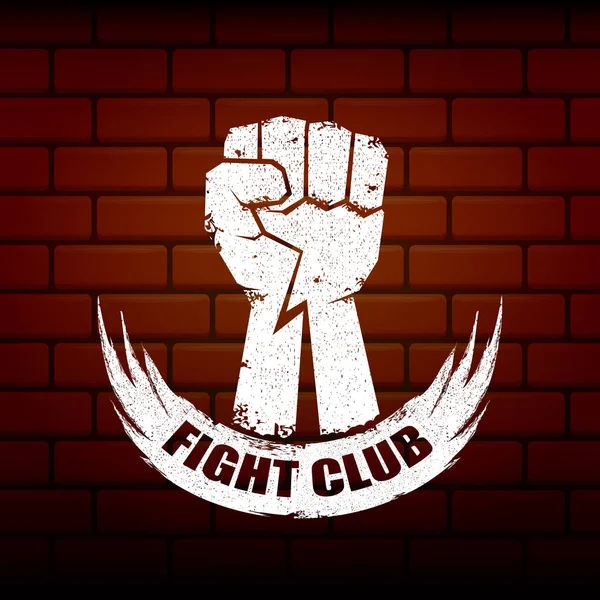 fight club vector logo or label with grunge black man fist isolated on brick wall background. MMA Mixed martial arts concept design template. Fighting club label for print on tee