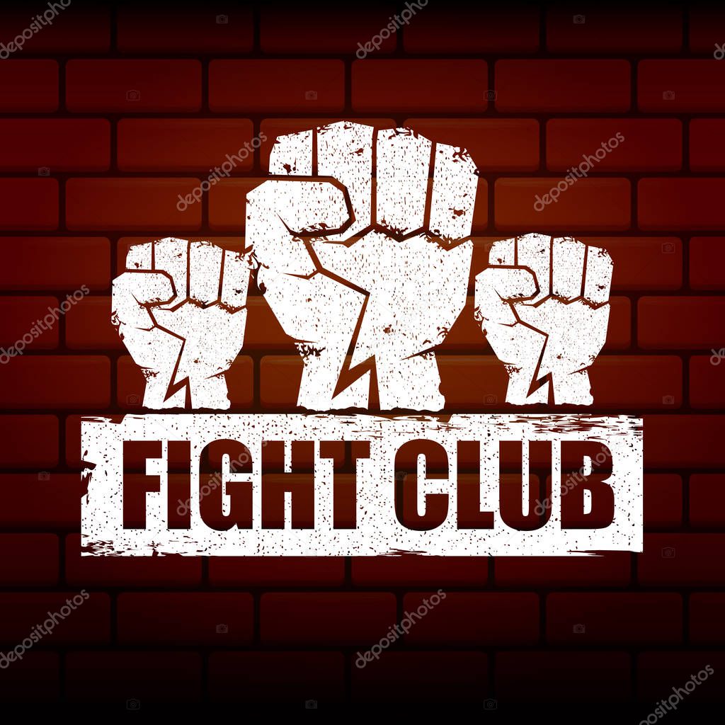 Fight club vector logo with grunge black man fist isolated on brick wall background. MMA Mixed martial arts concept design template. Fighting club label for print on tee