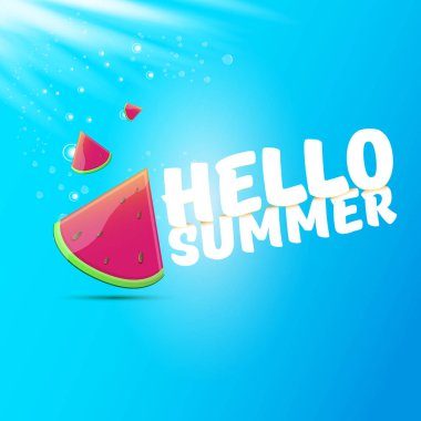 Vektör Merhaba yaz Beach Party Flyer tasarım şablonu mavi gökyüzü arka planda izole taze karpuz dilim ile. Merhaba yaz kavramı etiket veya poster ile meyve ve tipografi metin