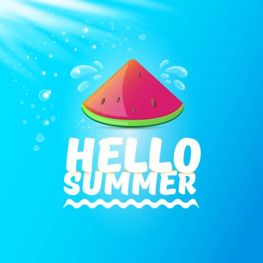 Vektör Merhaba yaz Beach Party Flyer tasarım şablonu mavi gökyüzü arka planda izole taze karpuz dilim ile. Merhaba yaz kavramı etiket veya poster ile meyve ve tipografi metin
