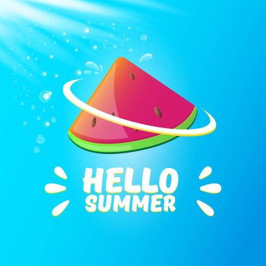 Vektör Merhaba yaz Beach Party Flyer tasarım şablonu mavi gökyüzü arka planda izole taze karpuz dilim ile. Merhaba yaz kavramı etiket veya poster ile meyve ve tipografi metin