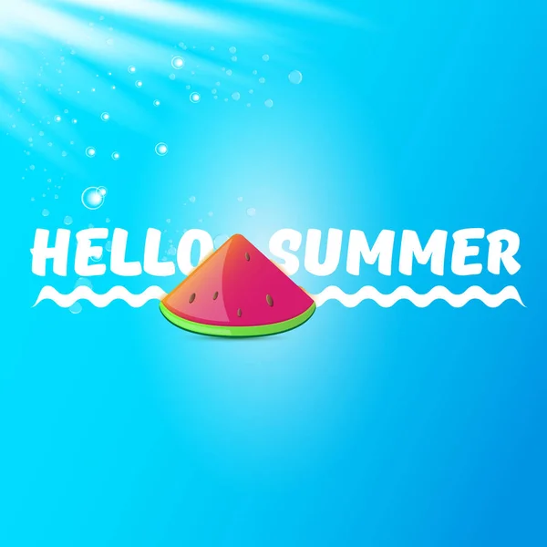 Vector Hello Summer Beach Party Flyer Design template with fresh armelon slice isolated on blue sky background. Этикетка или плакат с фруктами и типографским текстом Hello Summer — стоковый вектор