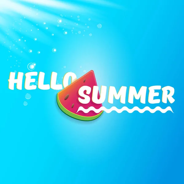 푸른 하늘 배경에 고립 된 신선한 수박 슬라이스와 벡터 안녕하세요 여름 해변 파티 전단지 디자인 템플릿. 과일 및 타이포그래피 텍스트와 안녕하세요 여름 개념 라벨 또는 포스터 — 스톡 벡터